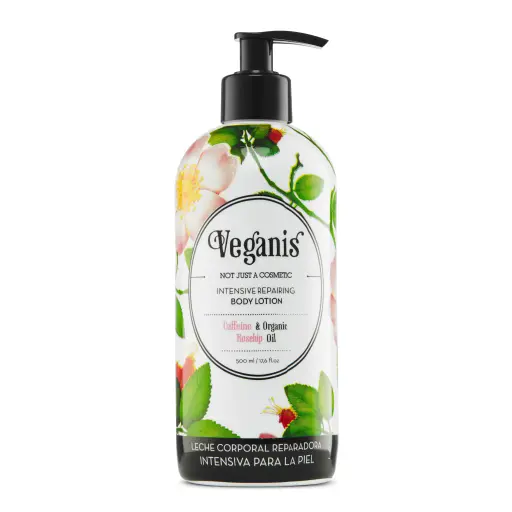 [VEGANIS ROSA MOSQUETA (VARICES) X500G] Veganis Leche Corporal Cafeína y Rosa Mosqueta 500ml